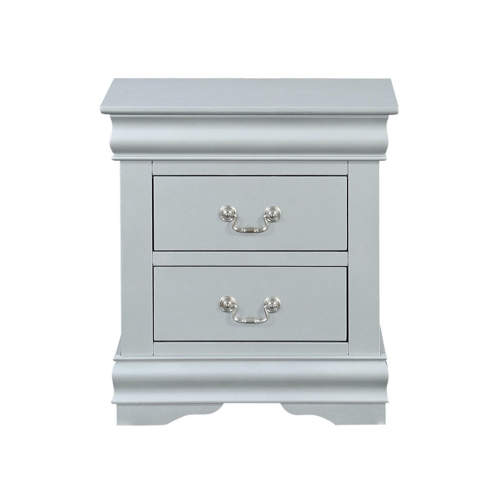 Light blue nightstand front view with two drawers and silver curved handles
