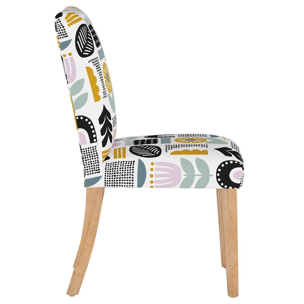 Side view of Helsinki Block Dining Chair showing patterned upholstery and wooden legs