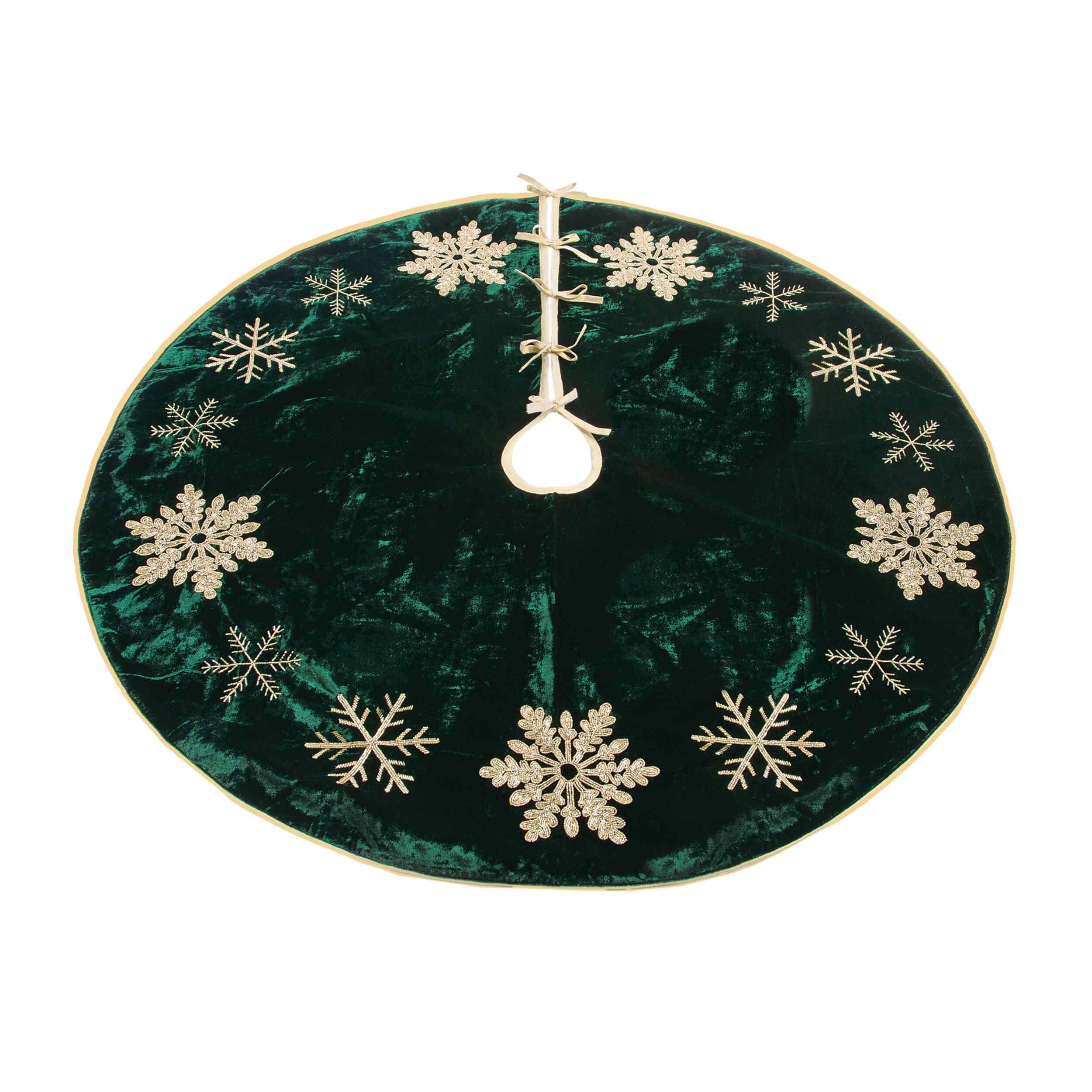 Embroidered Snowflake Christmas Tree Skirt 48 inchesD, GREEN GOLD, hi-res image number 0