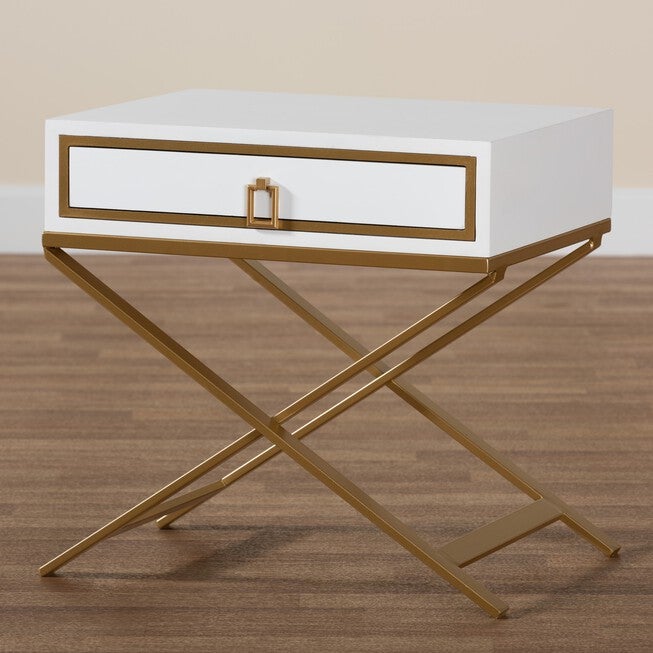 Lilibet Modern Glam And Luxe Black Finished Wood And Gold Metal 1-Drawer End Table, , alternate image number null