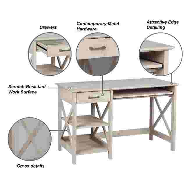 A light gray writing desk with highlighted features: drawers, metal hardware, edge detailing, scratch-resistant surface, and cross details.