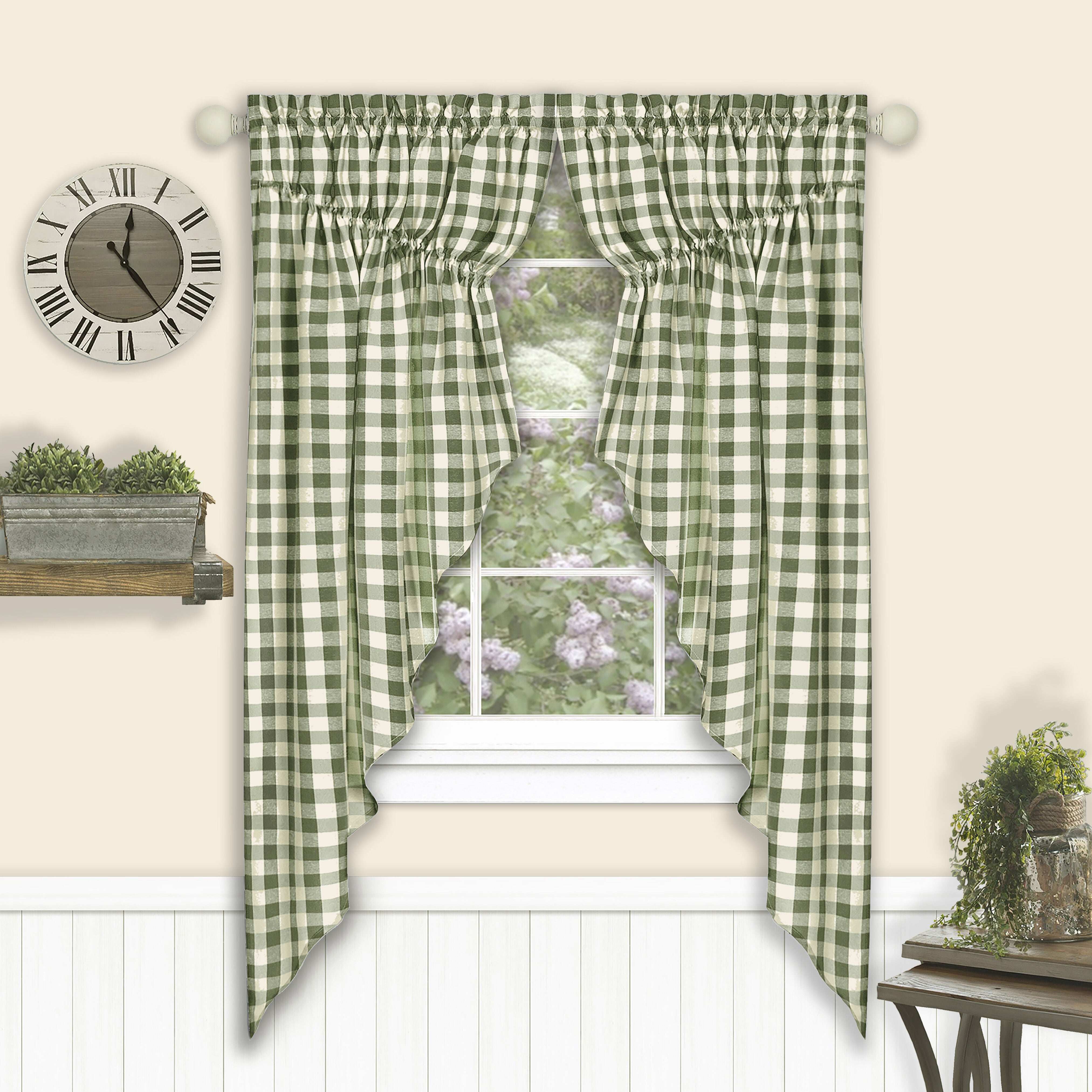 Buffalo Check Gathered Swag Window Curtain Pair, SAGE, hi-res image number 0