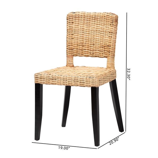 Dermot Modern Bohemian Dark Brown Finished Wood And Natural Rattan 2-Piece Dining Chair Set, , alternate image number null