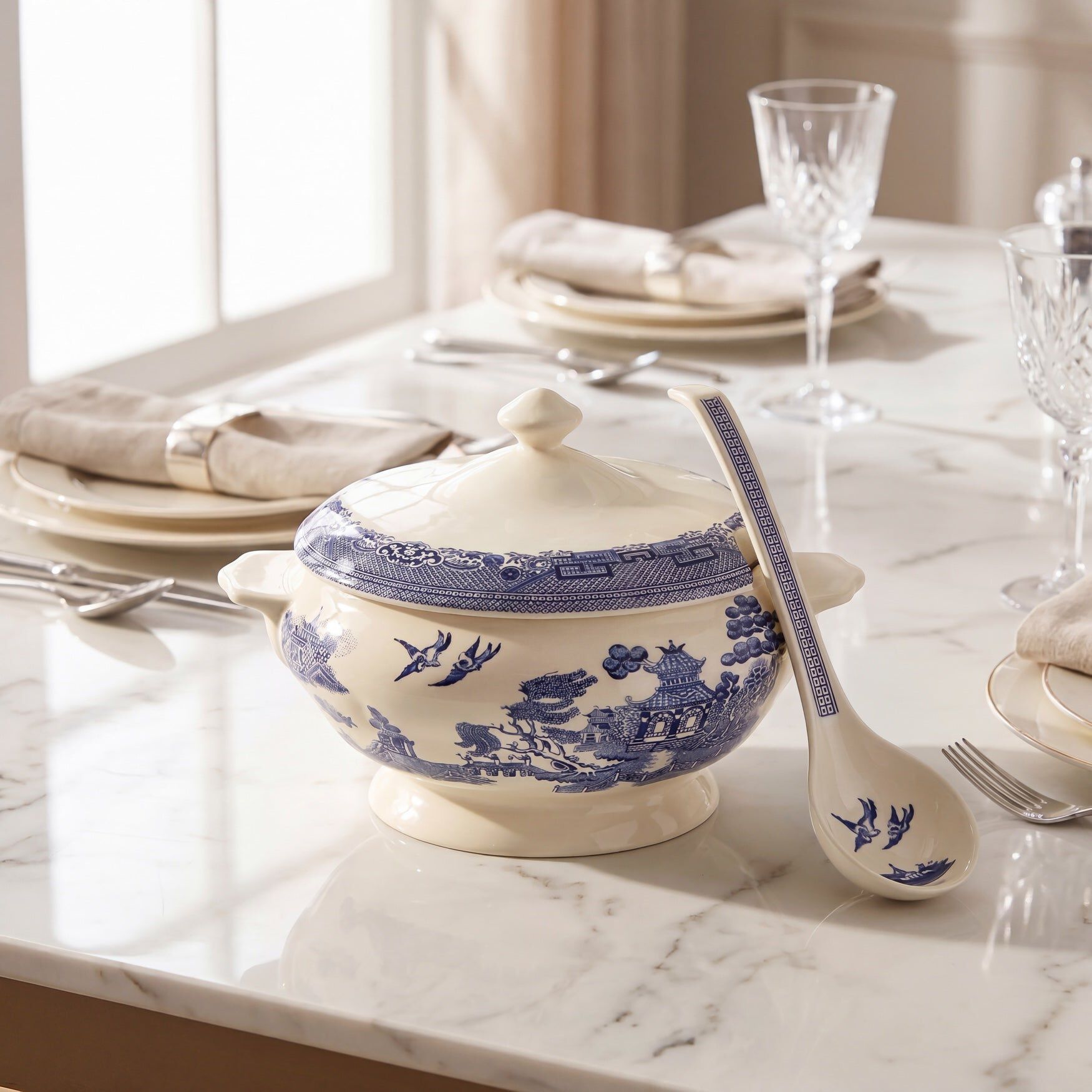 Blue Willow Soup Tureen with Holes + Ladle, BLUE, hi-res image number 0