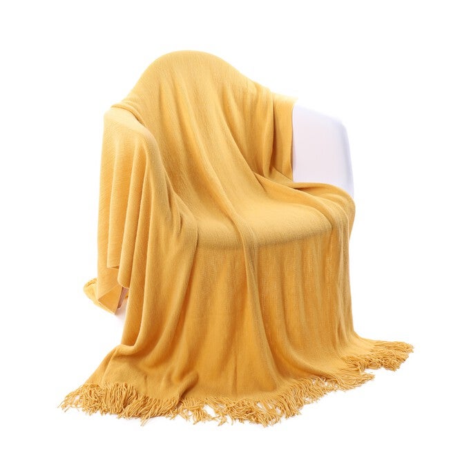 Battilo Home Solid Blanket Cross Woven Couch Throw Knitted Blanket With Decorative Fringe Lightweight For Bed Or Sofa Decorative 51 inches X 79 inches, YELLOW, hi-res image number 0