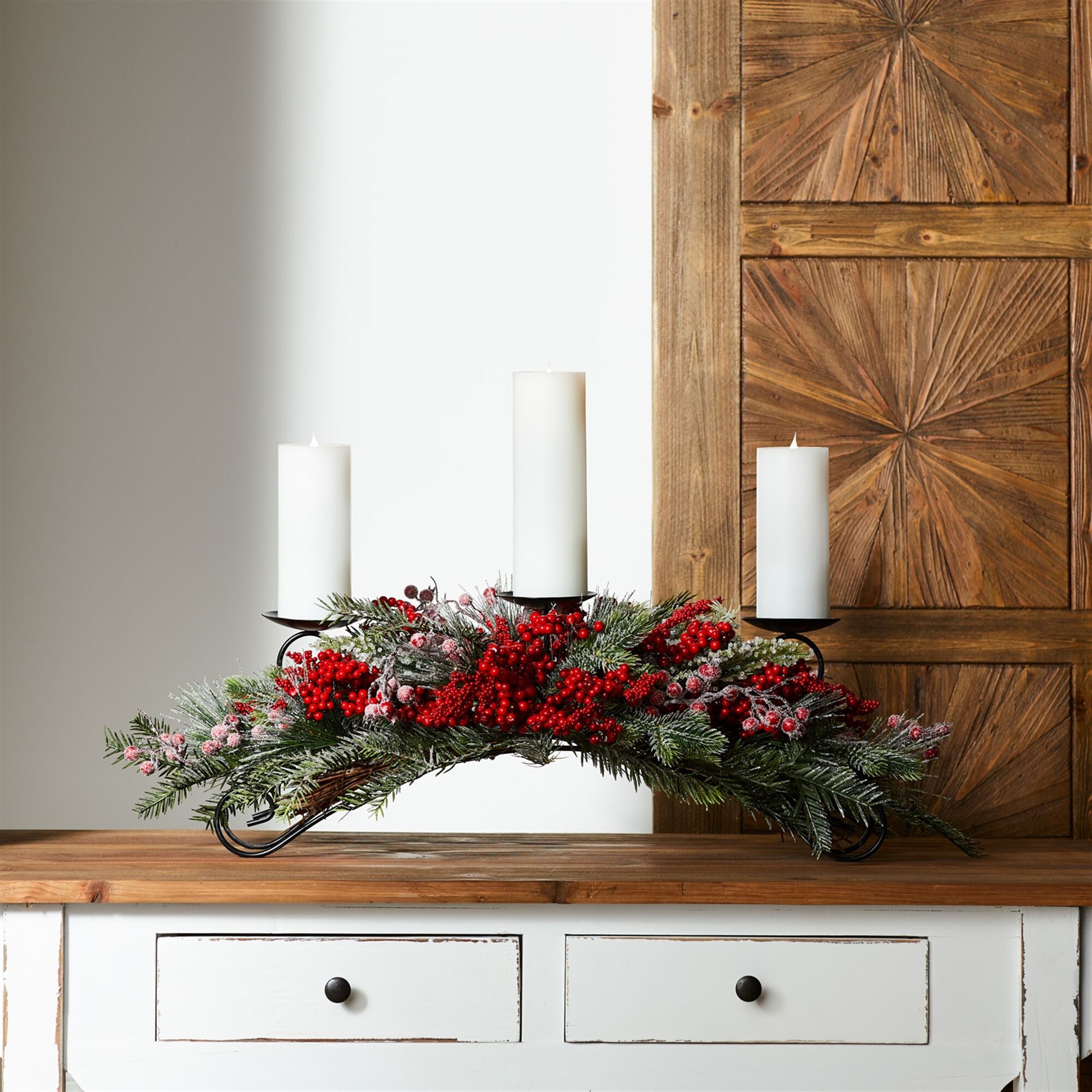 Frosted Pine and Mixed Berry Centerpiece Candle Holder 31 inchesL, GREEN RED WHITE, alternate image number 1