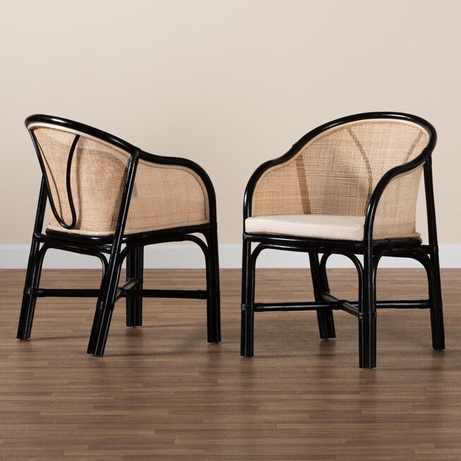 Miranda Modern Bohemian Two-Tone Black And Natural Brown Rattan 2-Piece Dining Chair Set, , alternate image number null