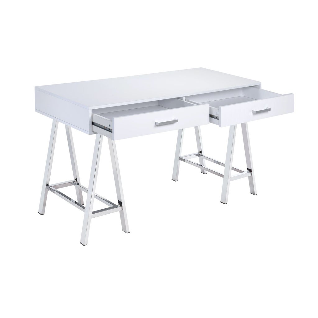 White desk with two drawers on silver trestle legs