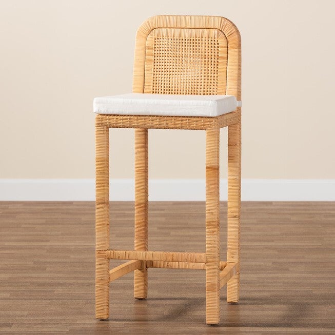 Zariah Modern Bohemian Natural Brown Rattan And Mahogany Wood Bar Stool, , alternate image number null