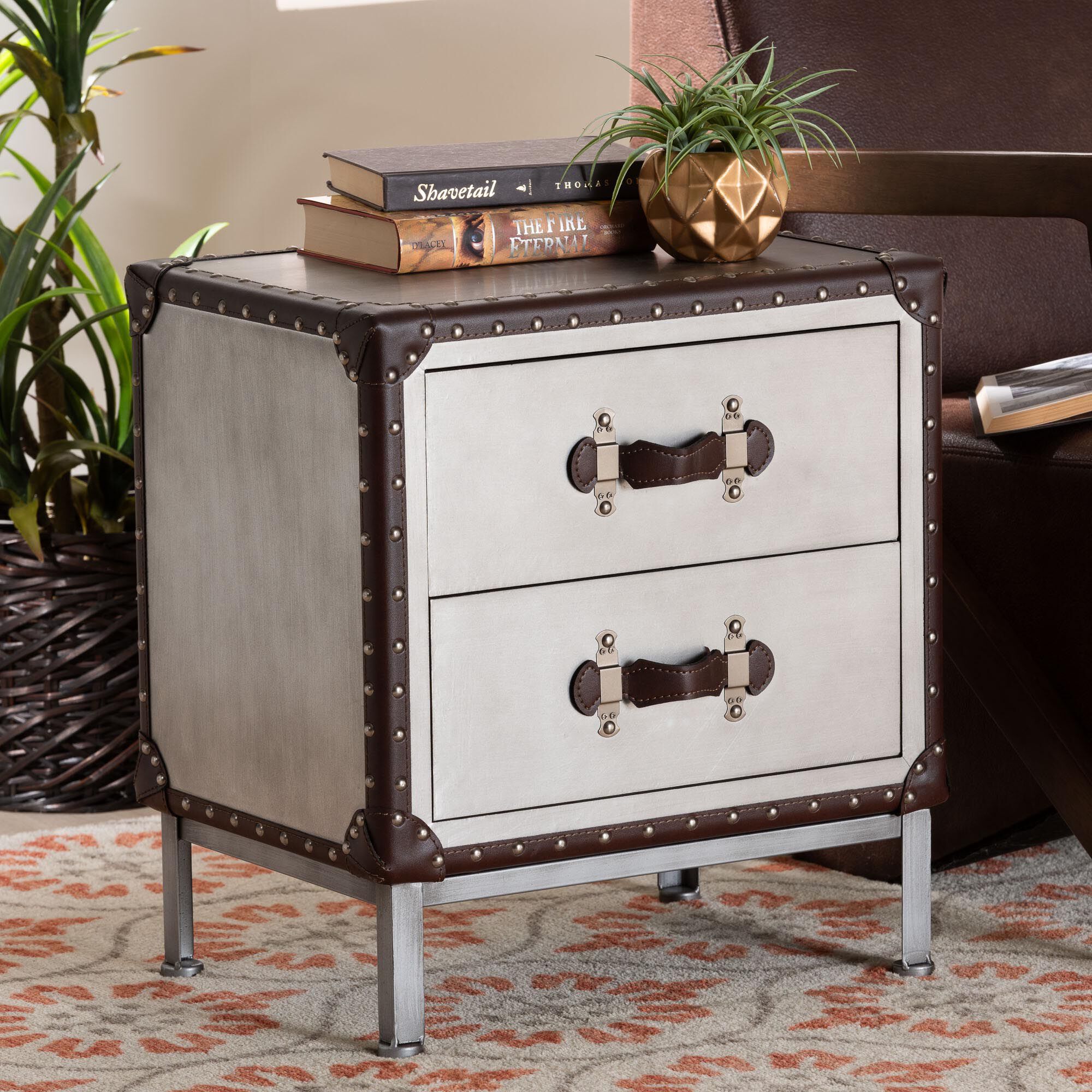 Jacey Vintage Silver Metal 2-Drawer End Table, SILVER, hi-res image number 0