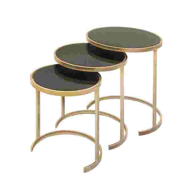 Set of three gold metal accent tables with black tops, sizes 21", 19", and 17".