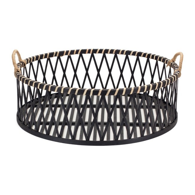 Round Tray (Set of 2) 17.5 inchesD x 5.5 inchesH, 19.5 inchesD x 6.5 inchesH Bamboo/Rattan, BLACK/BROWN, alternate image number 1