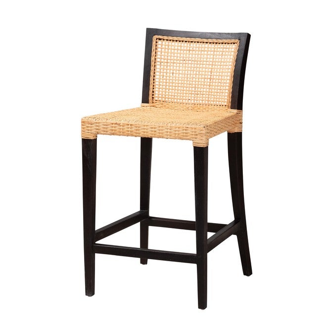 Lingga Modern Bohemian Dark Brown Mahogany Wood And Natural Rattan Counter Stool, DARK BROWN MAHOGANY, hi-res image number 0