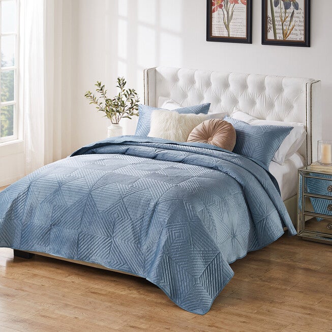 Riviera Velvet Finely Stitched Modern Quilt Set, Red, 3-Piece King, SPA BLUE, alternate image number null