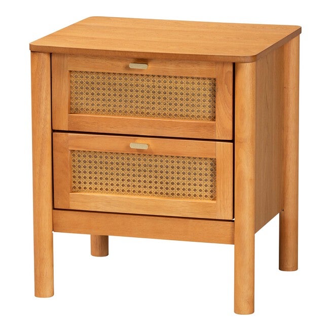 Jenn Golden Brown Wood Japandi 2-Drawer Nightstand with Distressed-Finished Rattan, GOLDEN, alternate image number 1