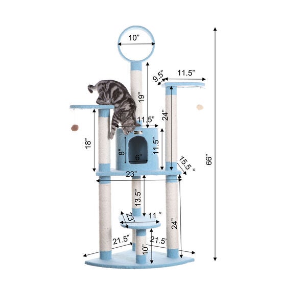 Classic 65" Real Wood Five Levels Cat Tree With Perch, Condo, Hanging Tunnel, , alternate image number null