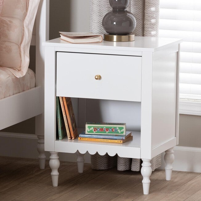 Sw Roni Roni Modern White Wood 1-Drawer Nightstand with Scalloped Edges | King Size