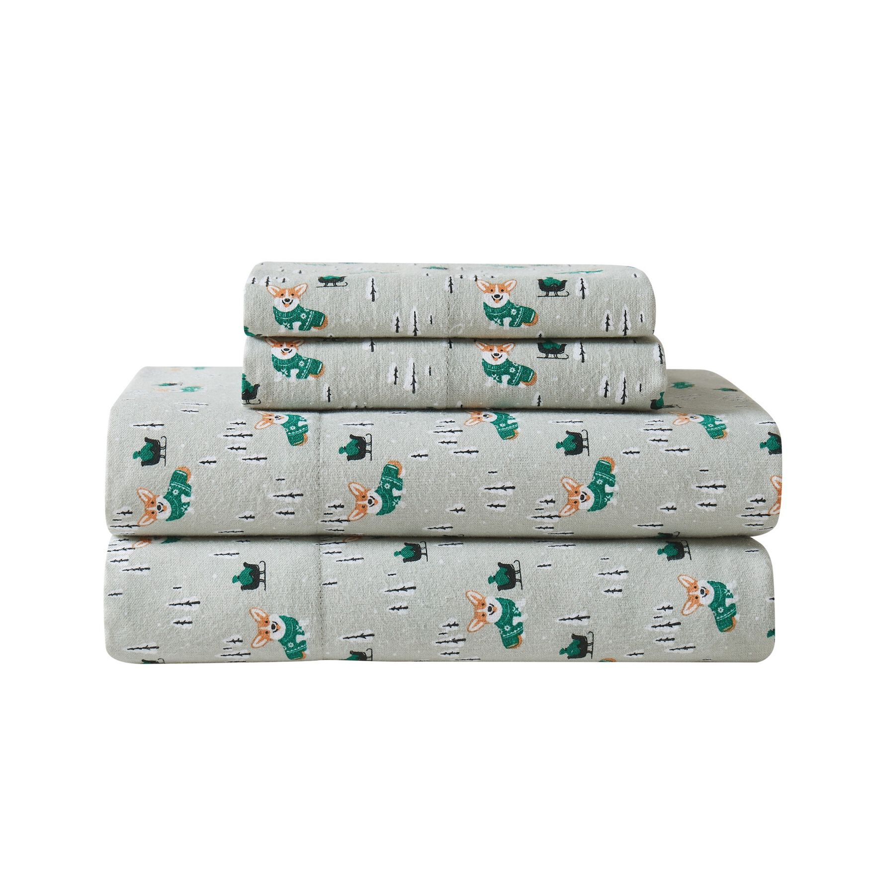 Corgi Snowday Flannel Sheet Set, O, hi-res image number 0