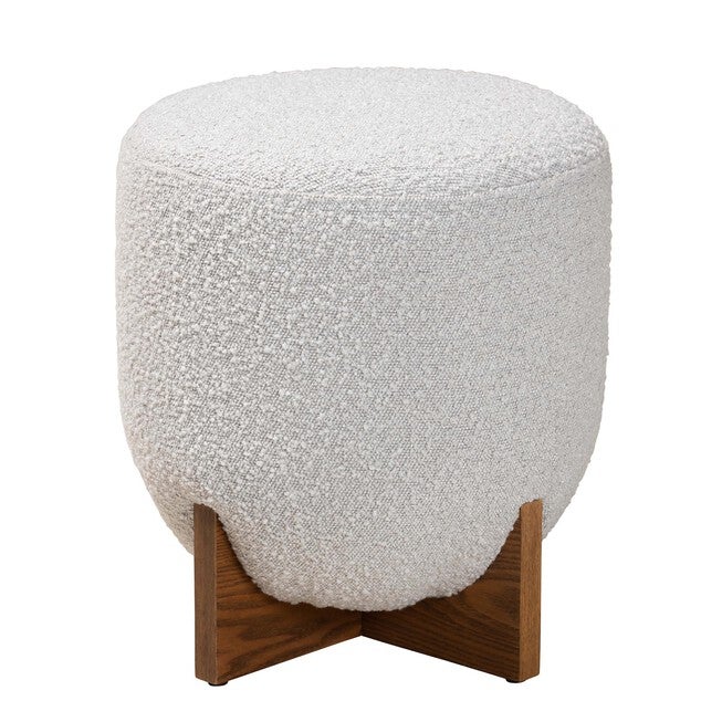 Fisk Japandi Cream Boucle Fabric And Walnut Brown Finished Wood Ottoman Footstool, , alternate image number null