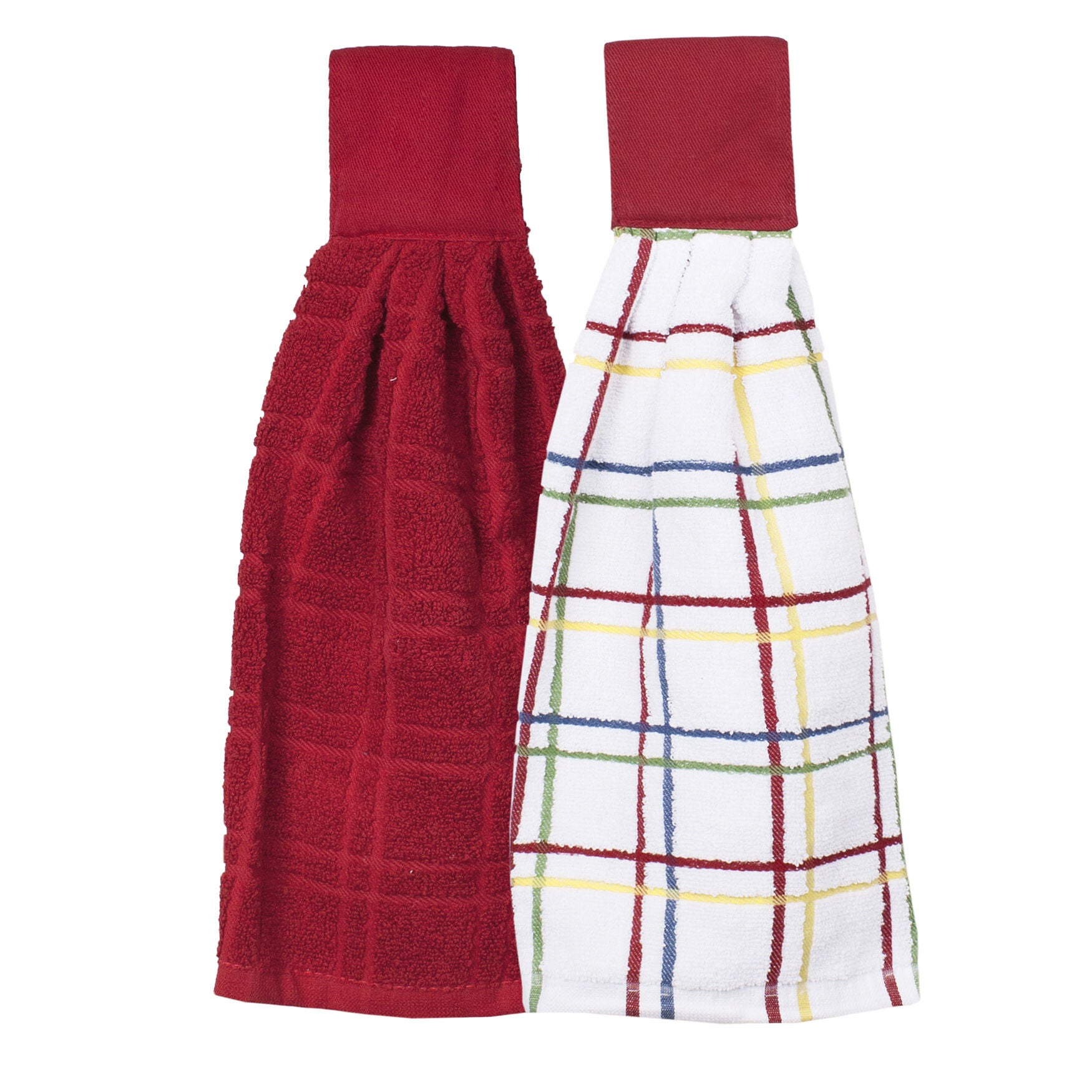 Solid And Multi Check Kitchen Tie Towel, Set Of Two, PAPRIKA, hi-res image number 0