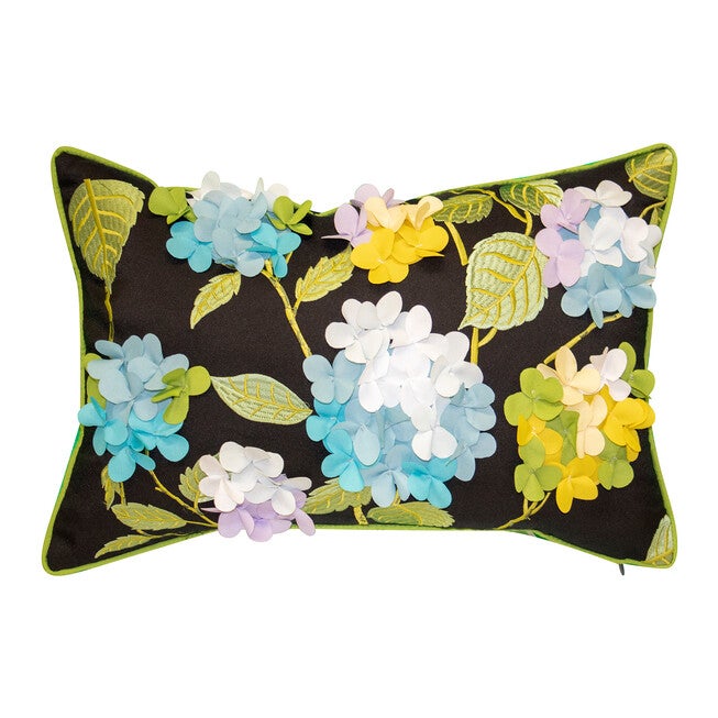 Indoor & Outdoor Dimensional Hydrangea Lumbar Decorative Pillow, BLACK MULTI, hi-res image number 0