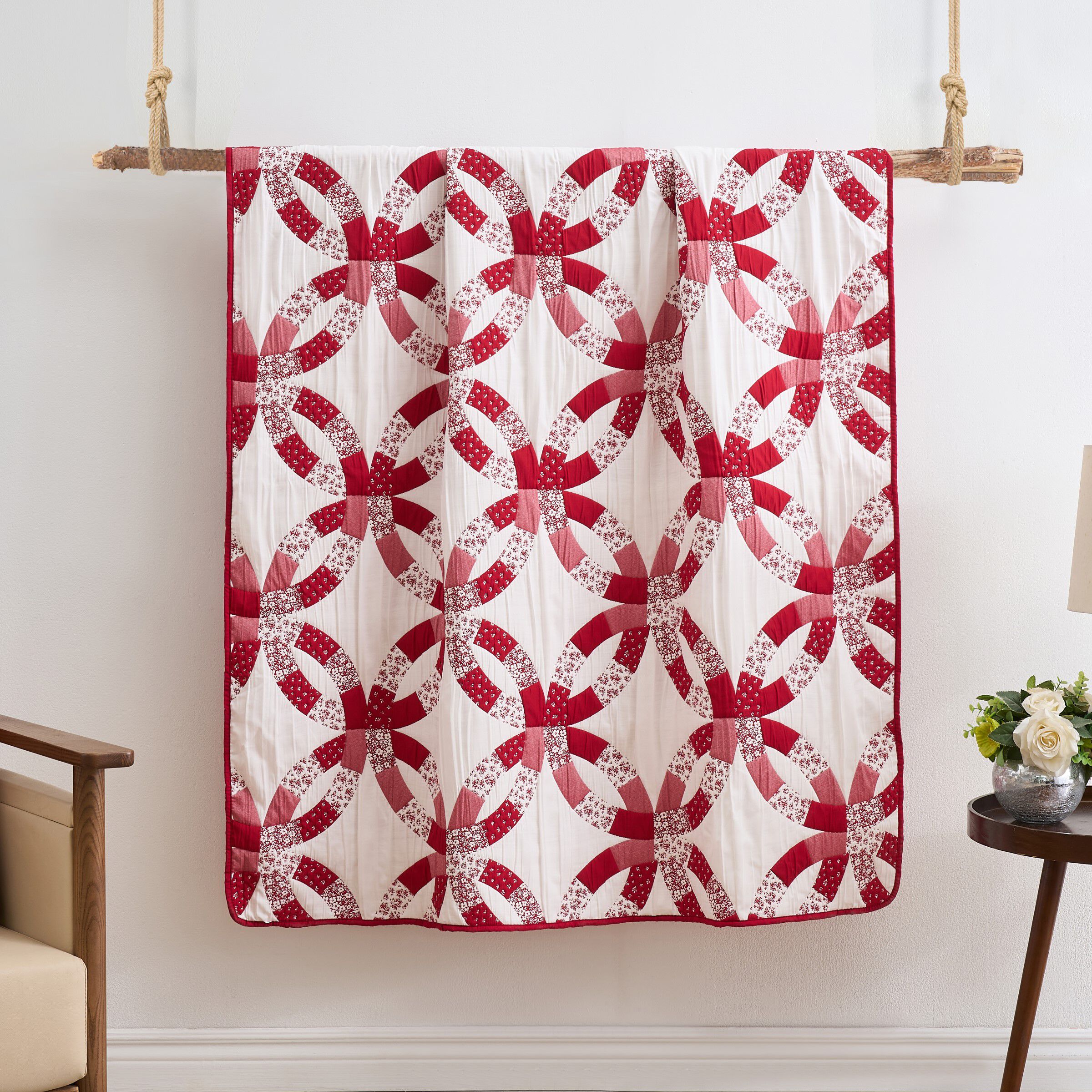 Wedding Ring Traditional Reversible Throw Blanket, RED, hi-res image number 0