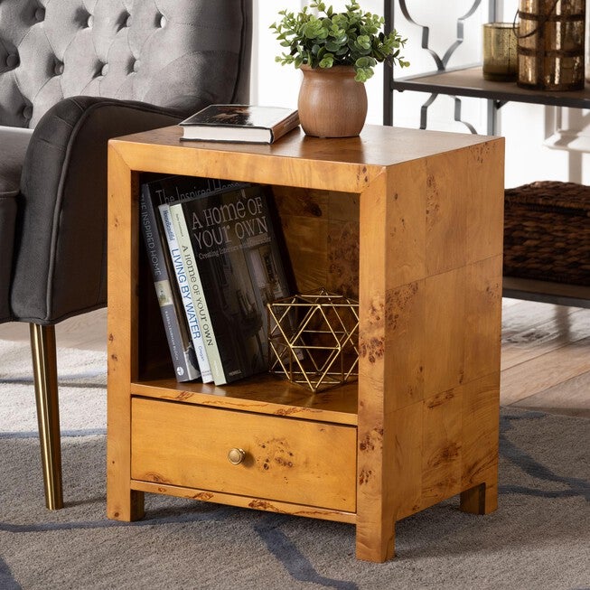 Camira Modern and Contemporary Natural Light Mappa Real Burl Wood 1-Drawer Nightstand, LIGHT MAPPA BURL, hi-res image number 0