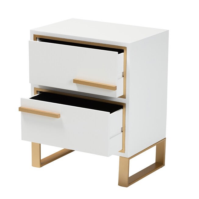 Giolla Contemporary Glam And Luxe White Finished Wood And Gold Metal 2-Drawer Nightstand, , on-hover image number null