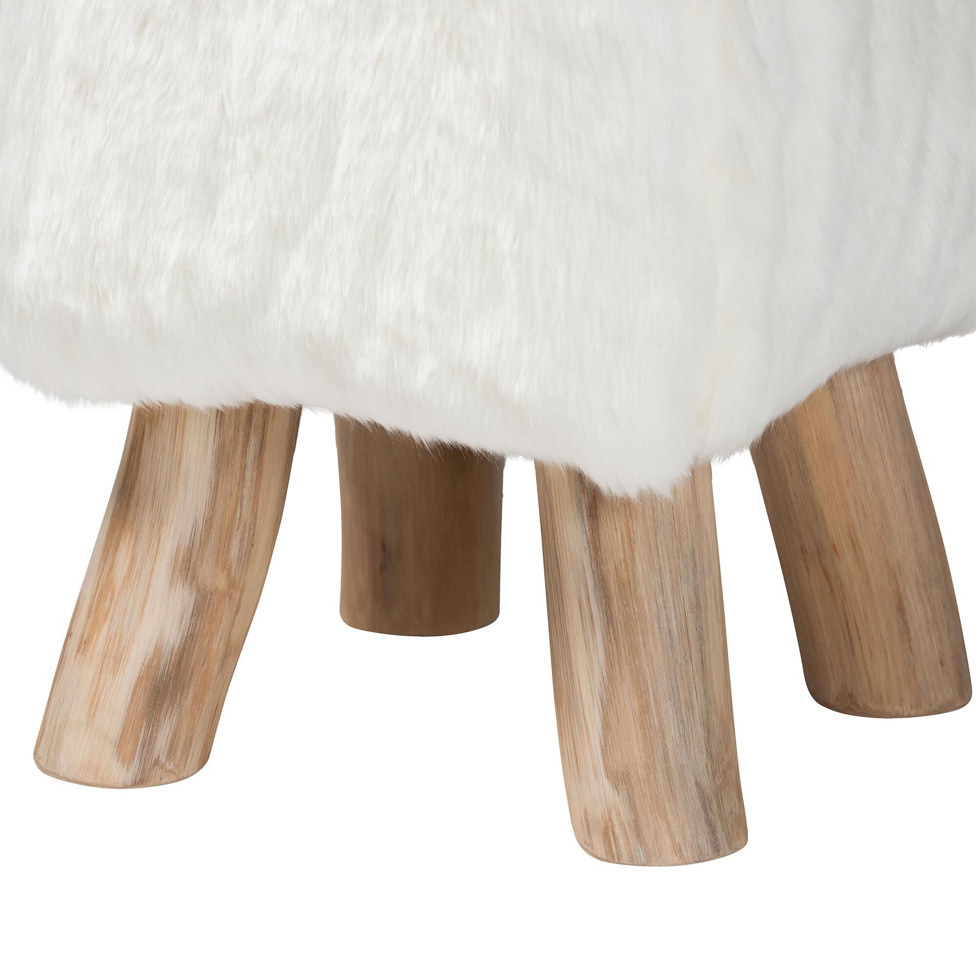 Scotlyn Faux Fur Footstool with Teak Wood Legs, WHITE, alternate image number 3