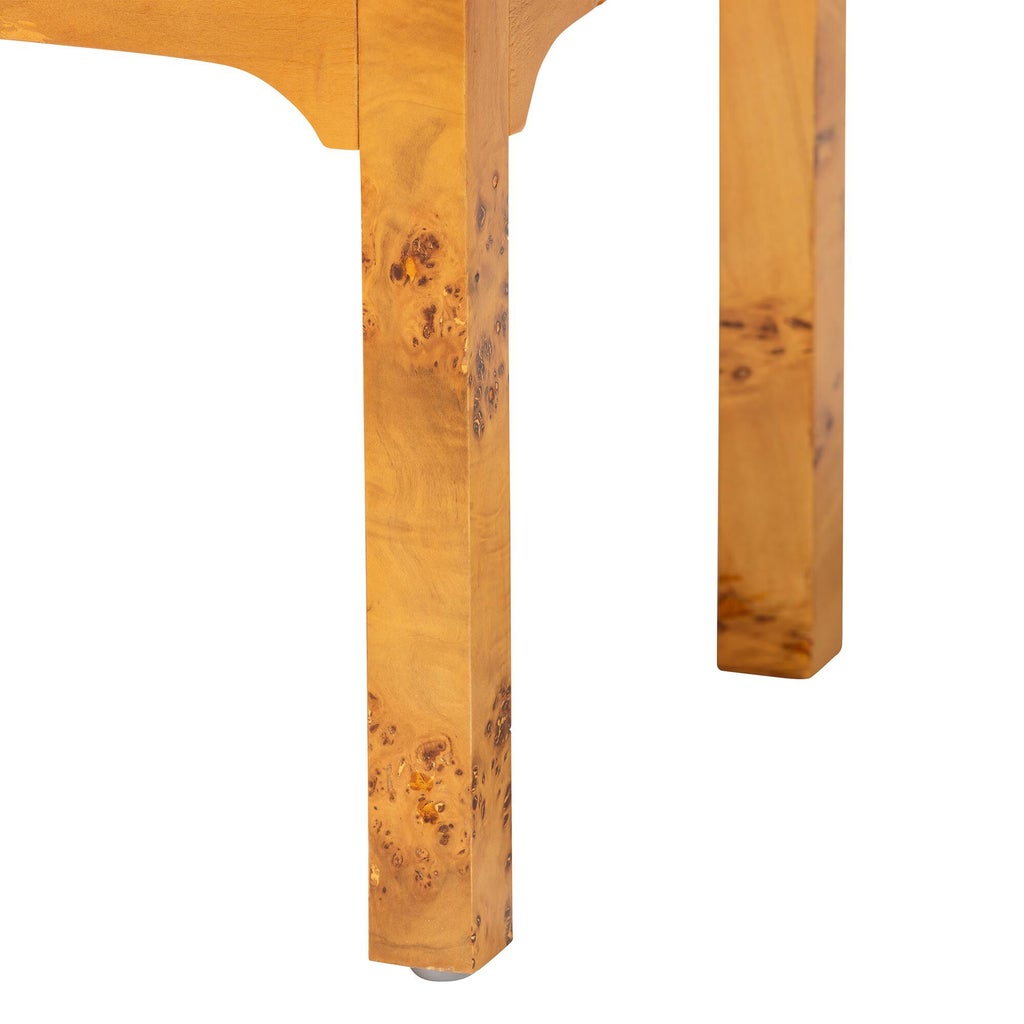 Close-up of nightstand tapered burl wood leg and apron cutout.