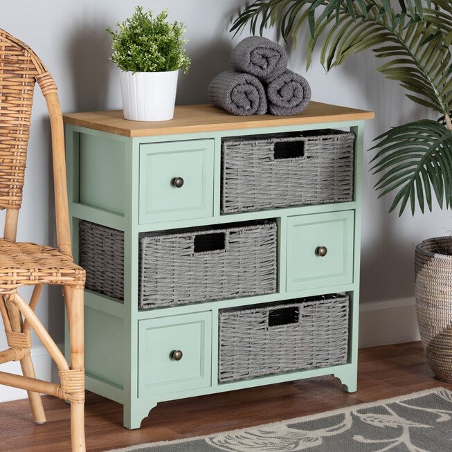 Valtina Modern And Contemporary Two-Tone Oak Brown And Mint Green Finished Wood 3-Drawer Storage Unit With Baskets, , alternate image number null