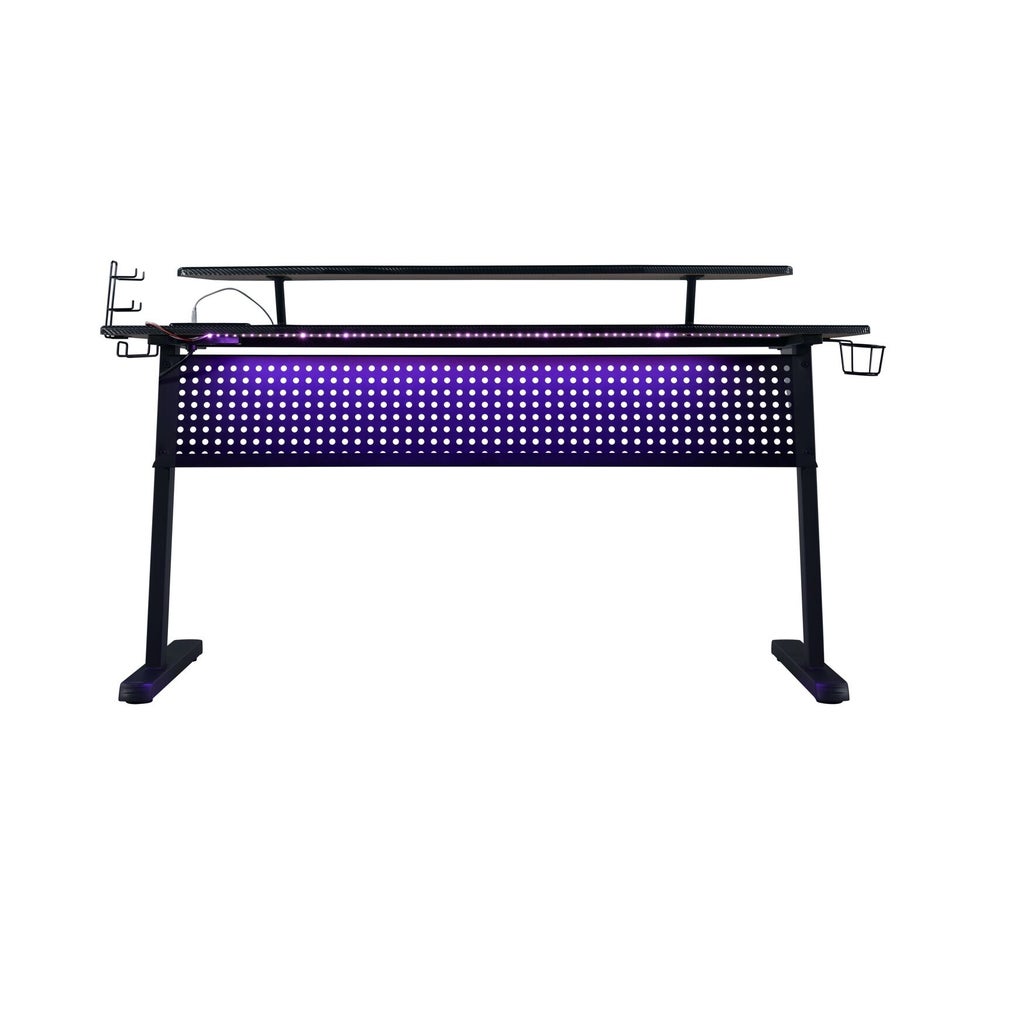Desk with LED strip lighting under top, side hooks