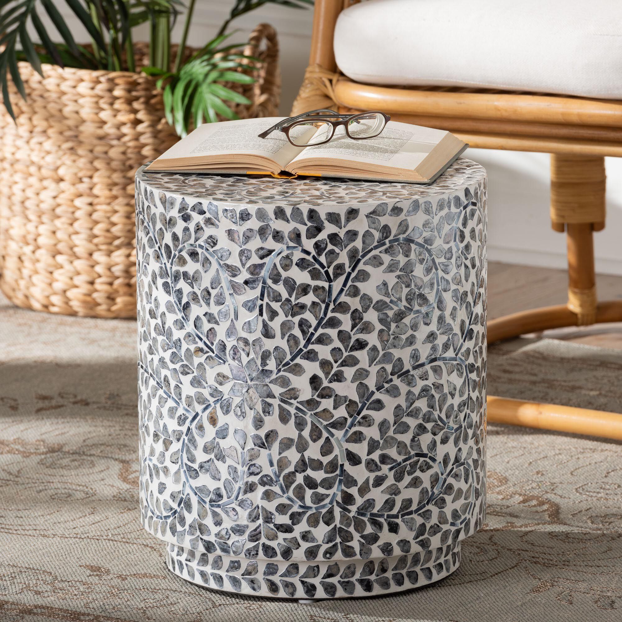 Marilla Coastal Black and White Mother of Pearl Capiz Shell Ottoman Footstool, BLACK, hi-res image number 0