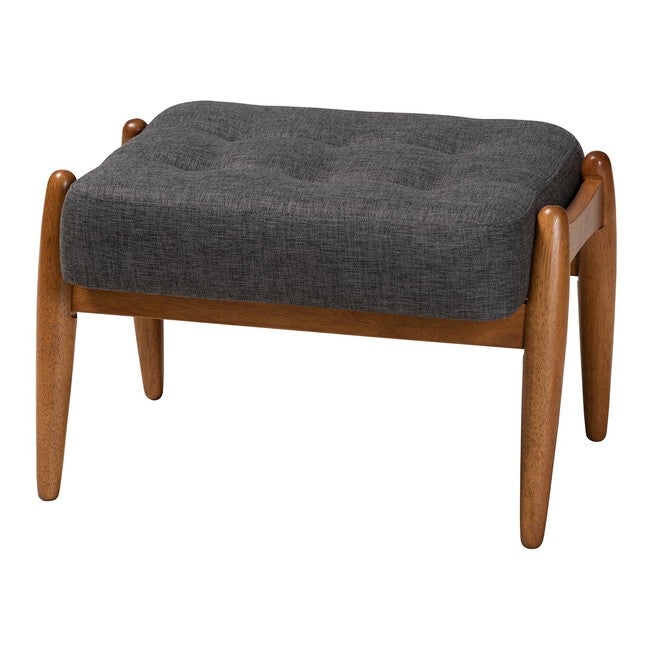 Jeanine Japandi Dark Grey Fabric And Walnut Brown Finished Wood Ottoman Footstool, DARK GREY WALNUT BROWN, hi-res image number 0