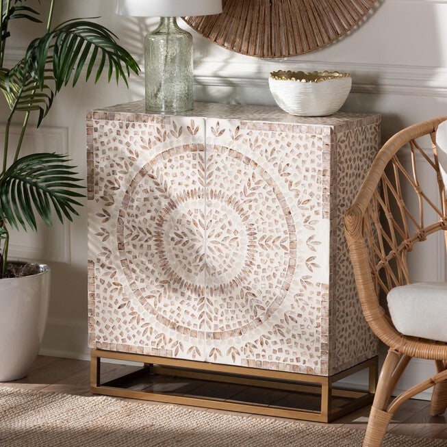Ercilia Modern Bohemian White and Rustic Brown Mother of Pearl Storage Cabinet, , alternate image number 13