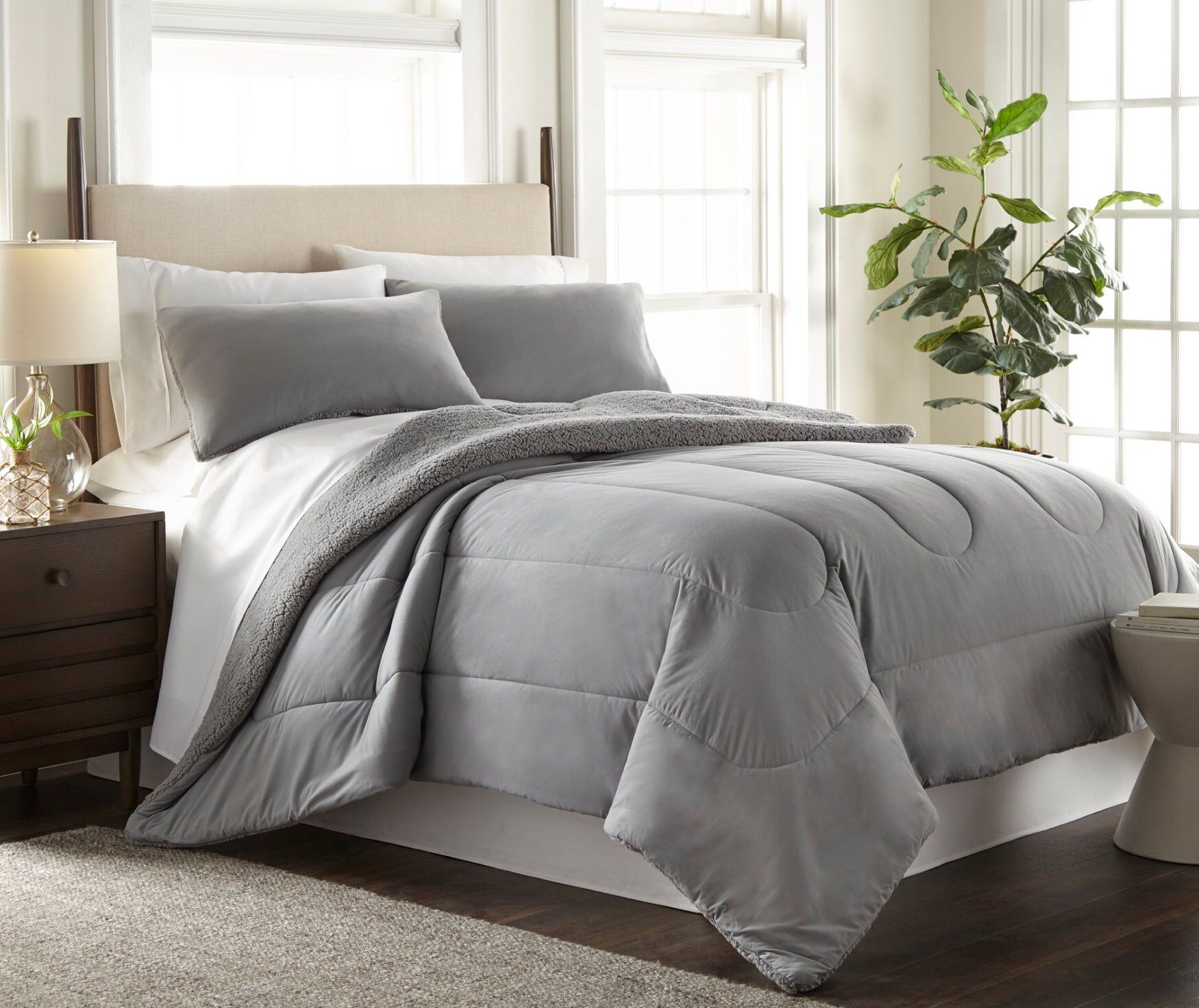 Reversible Micro Flannel® Sherpa 3-Pc. Comforter Set, GREYSTONE, hi-res image number 0