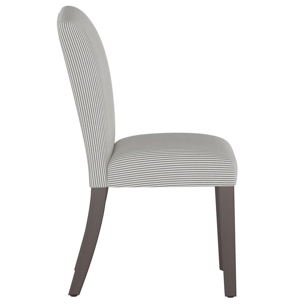 Side profile of striped dining chair.