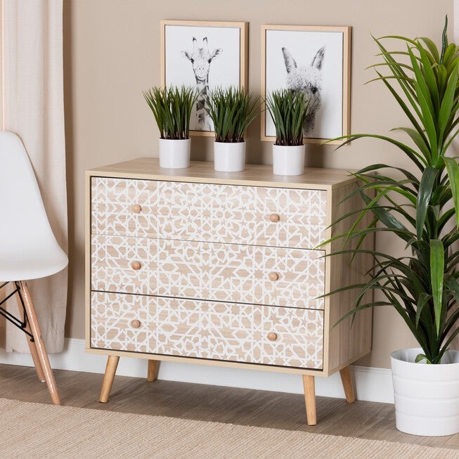 Beau Mid-Century Modern Transitional Two-Tone White And Oak Brown Finished Wood 3-Drawer Storage Cabinet, , alternate image number null
