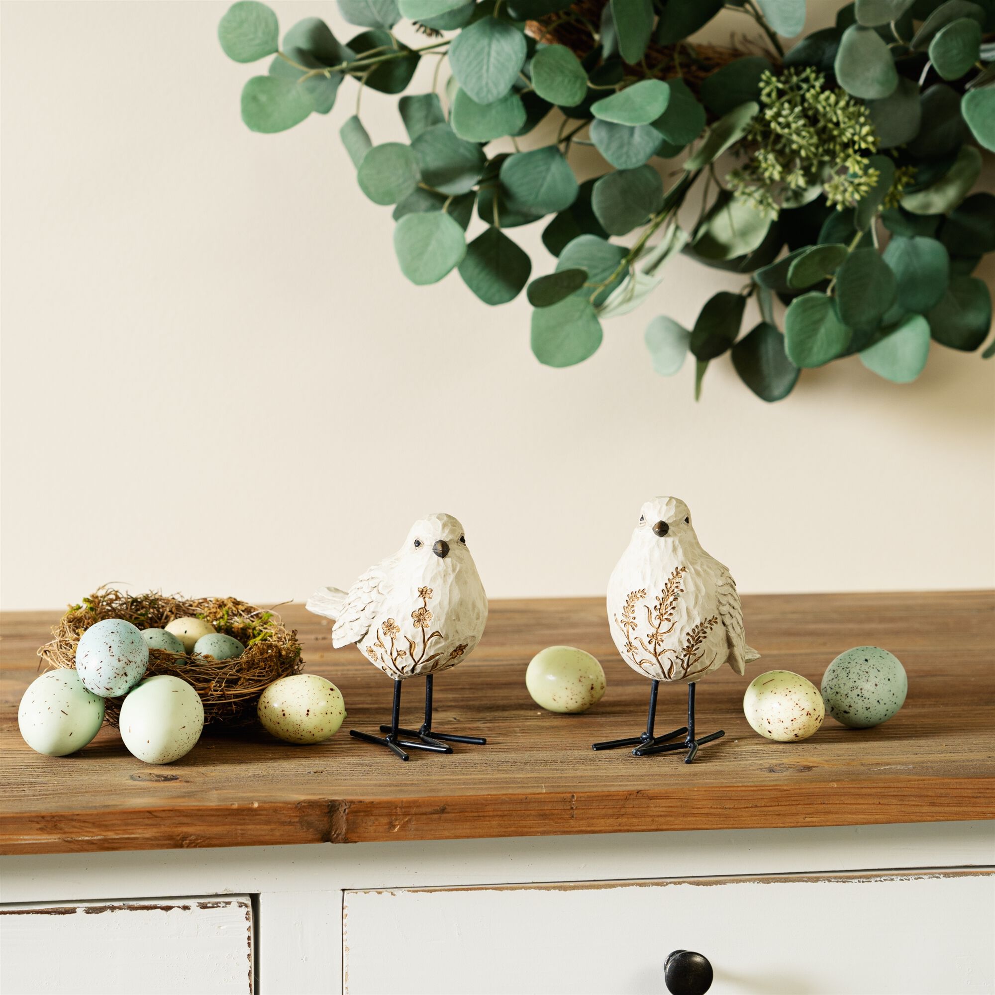 Bird Figurine with Carved Floral Design Set of 2, WHITE BROWN BLACK, alternate image number 2