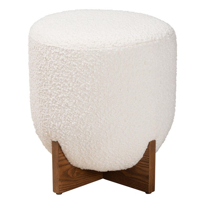 Fisk Japandi Cream Boucle Fabric And Walnut Brown Finished Wood Ottoman Footstool, , on-hover image number null