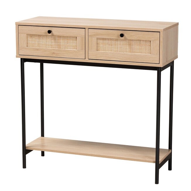 Sherwin Mid-Century Modern Light Brown And Black 2-Drawer Console Table With Woven Rattan Accent, LIGHT BROWN BLACK, hi-res image number 0