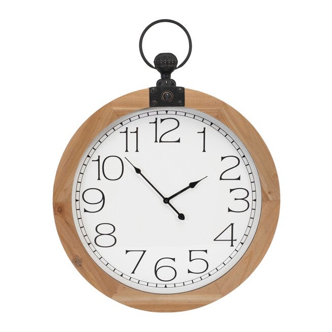 Round Wood Wall Clock Under Glass 23.75 inchesD, BROWN/WHITE/BLACK, hi-res image number 0
