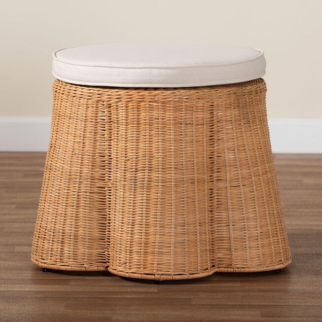 Palm Scallop Natural Rattan Ottoman, 26 inches Round, LIGHT HONEY, alternate image number null