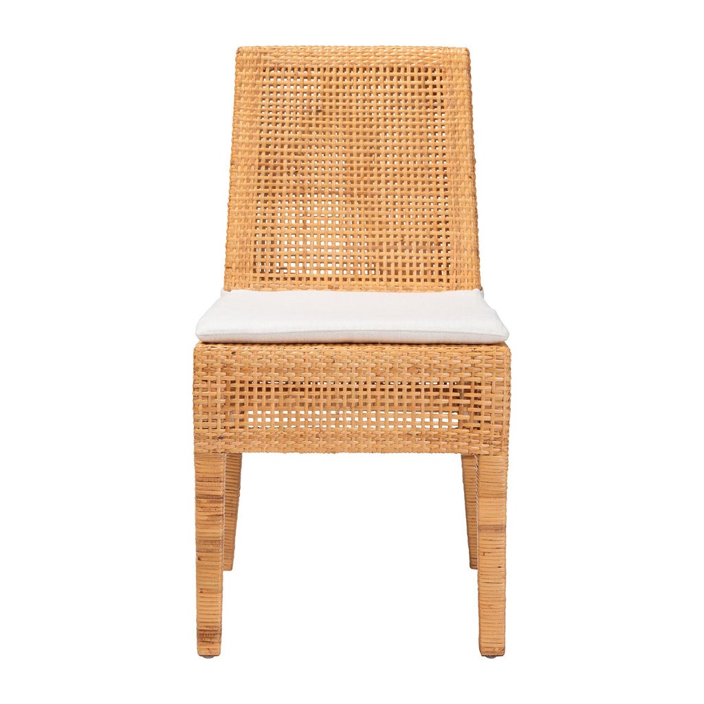 Front view of rattan dining chair with white cushion