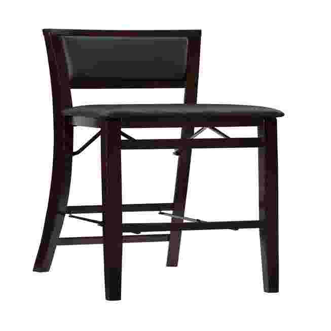 Black folding bar stool with padded seat and back