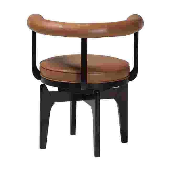 Delacruz swivel dining chair with brown leather upholstery and black frame, shown from a front angle.
