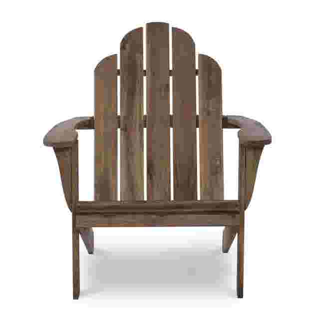 Front view of a wooden Adirondack chair.