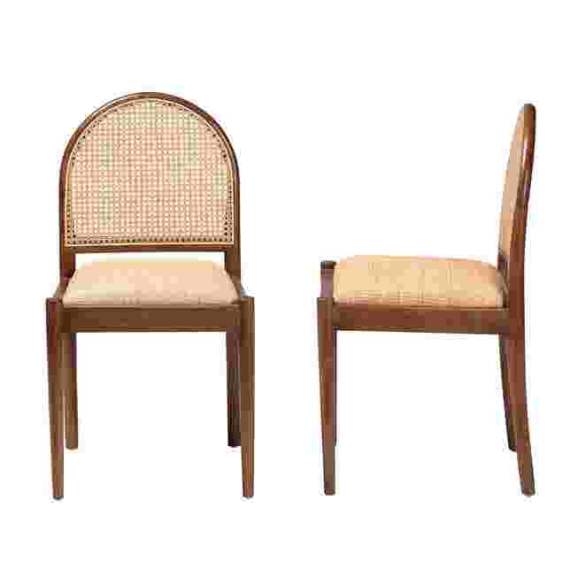 Two dining chairs with natural rattan backs and wooden frames, shown from the front and side.