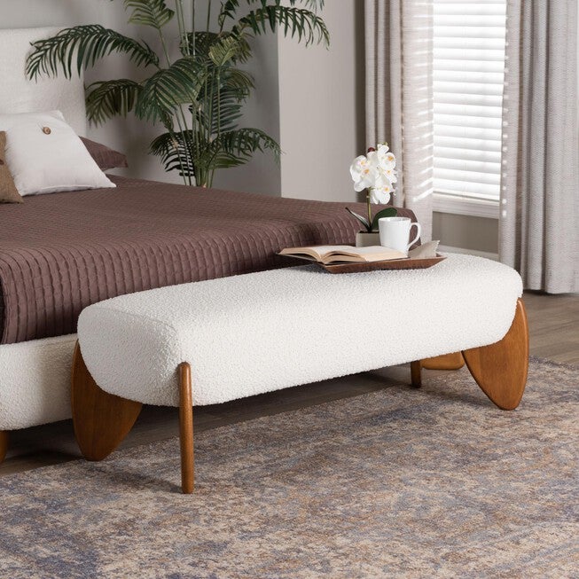 Vinicio Mid-Century Modern Cream Boucle Accent Bench, CREAM/WALN, alternate image number 6