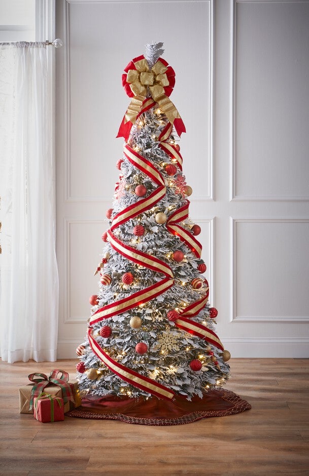 6'H Pre-Lit Flocked Pop-Up Tree, RED GOLD, hi-res image number null